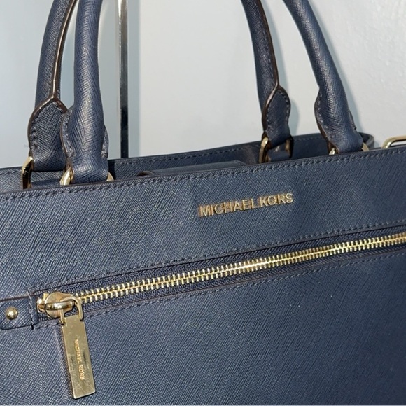 MICHAEL KORS Handbag Crossgrain Leather Navy Large Crossbody Satchel AUTHENTIC - Picture 6 of 12